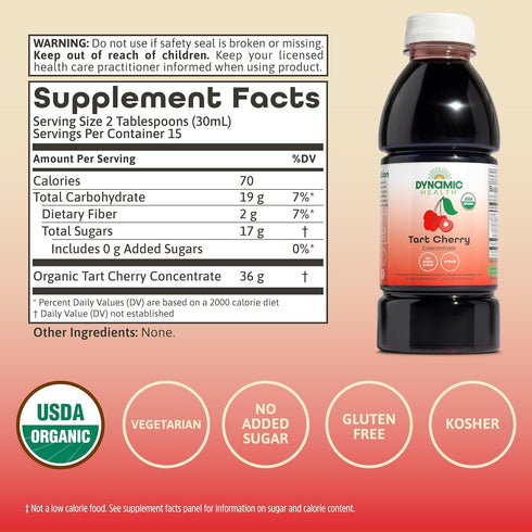 100% (16oz) Dynamic Health Organic Tart Cherry Juice, Unsweetened Juice Concentrate, Antioxidants Supplement, No