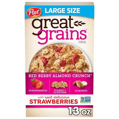 Great Grains Red Berry Almond Crunch Cereal, Strawberry Cereal with Granola Clusters and Sliced