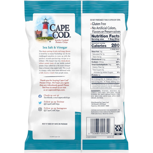 2 Oz (Pack 6) Cape Cod Potato Chips, Sea Salt and Vinegar Kettle Chips