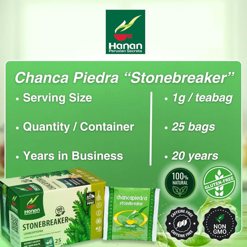 Hanan Chanca Piedra Tea, 50 Teabags of Wild-Grown Stone Breaker Tea Leaves from Peru
