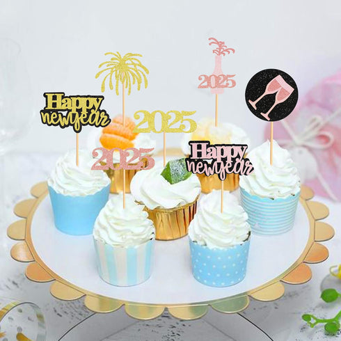 24 Pcs Happy New Year Cupcake Toppers, Glitter Rose Gold and Gold, Cheers to 2025 Decoration
