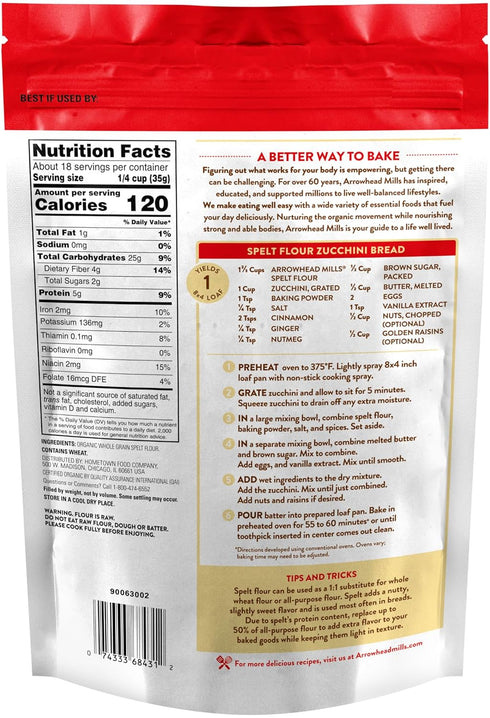 22 oz Arrowhead Mills Organic Spelt Flour, Bag