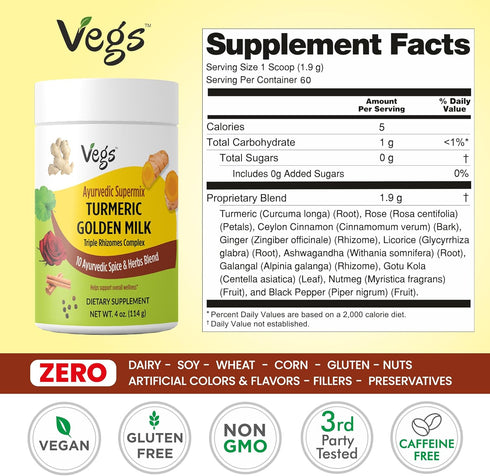 10 4 oz Vegs Turmeric Golden Milk Powder - Ayurvedic Super Spice Mix Golden Milk Latte with Organic Turmeric, Ginger