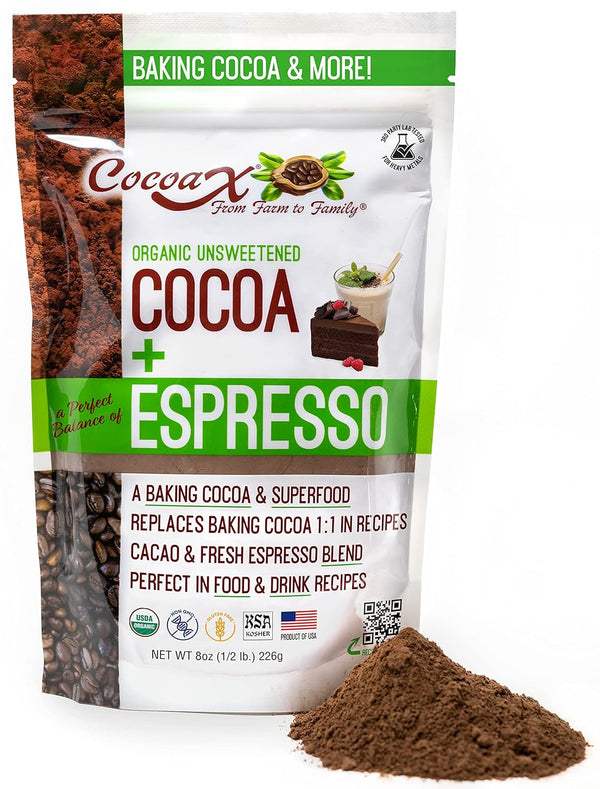 CocoaX Organic Cocoa Powder with Espresso - 8oz Gluten Free, Non-GMO Unsweetened Cocoa for Baking