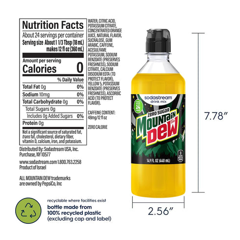 14.9 oz. (Pack 4) SodaStream Mountain Dew Zero New Pour Bottles Soda Drink Mix, Fl