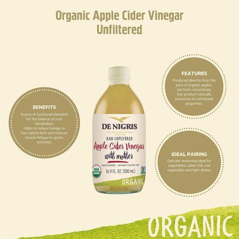 16,9 Oz (Pack 2) De Nigris Organic Apple Cider Vinegar With Honey & Turmeric, Raw & Unfiltered of | Apple Cider Vinegar