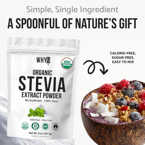 227g, 1600+ Organic Stevia Powder, Zero Calorie Pure Stevia Sweetener for Drinks, Powder for Baking and Beverages - No
