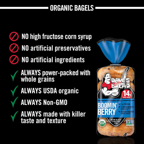 5 Count Daves Killer Bread Boomin Berry Bagels, Cranberry, Blueberry, Blackberry and Acai Bagels
