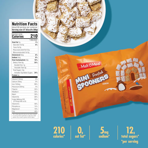 60 OZ Malt-O-Meal Frosted Mini Spooners Whole Grain Breakfast Cereal, Crunchy Frosted Shredded Wheat Cereal, Resealable