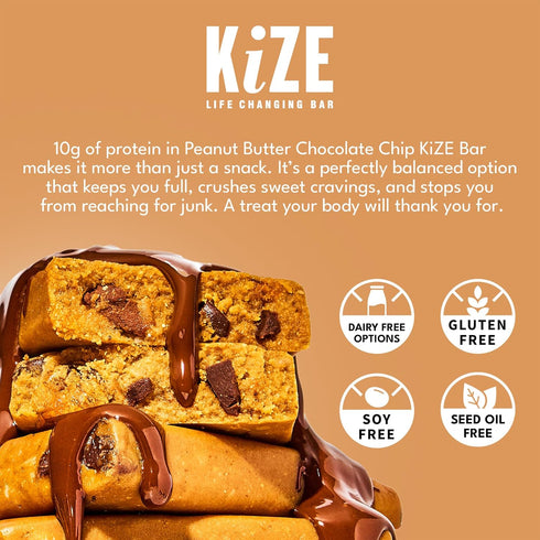 10g (10 Count) KiZE Energy Bars - Peanut Butter Chocolate Chip - Gluten Free, Dairy Free, Non-GMO, and High Protein