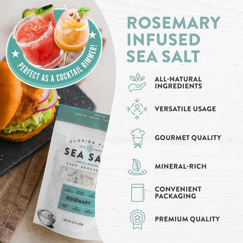 80+ (3 oz. FLORIDA PURE Rosemary Sea Salt - Mineral Sea Salt, Natural, Unrefined, Non Iodized - for Baking, Cooking