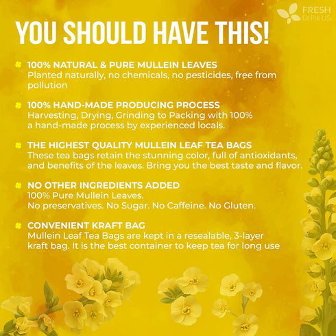 120 100% FreshDrinkUS, Premium Mullein Leaf Tea Bags For Lung, Natural & Pure from Mullein Leaves. Loose Leaf Mullein