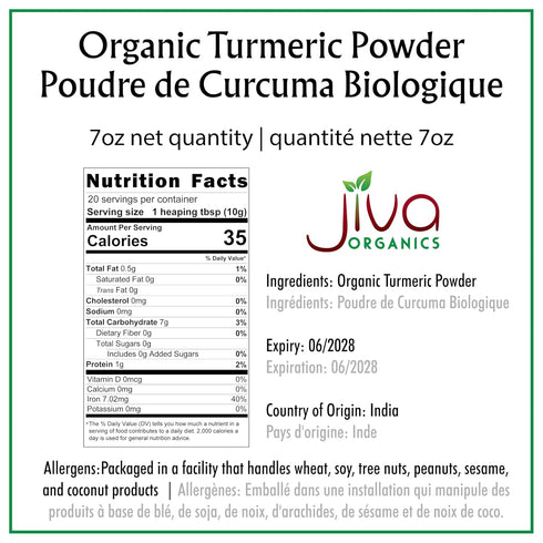 Jiva Organic Turmeric Powder, 7 oz, 100% Raw, Packaged in Resealable Bag, Turmeric Curcumin from India