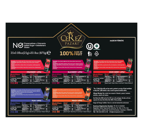 Pack 25g 35 pack Cerez Pazari Fruit Leather Snacks Variety for Adults and Kids, Healthy Fruit Snacks Bulk, Vegan Real