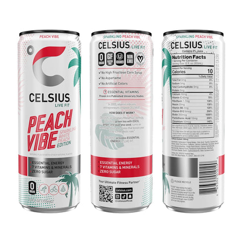 12 Oz (Pack 4) CELSIUS Sparkling Peach Vibe, Functional Essential Energy Drink Fl