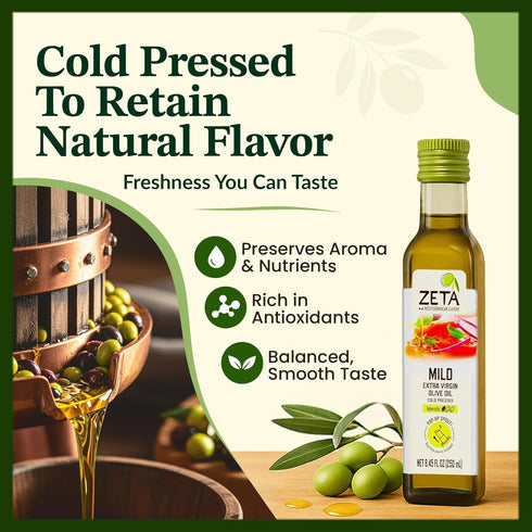 Zeta 8.5 oz (3 Pack) Extra Virgin Olive Oil, fl | Premium Glass Bottle with Pop-Up Spout | Cold-Pressed | Product