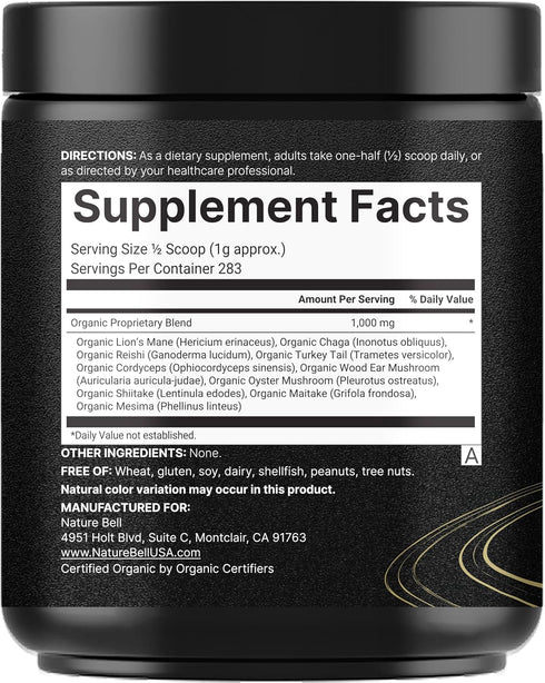 10oz 10-in-1 NatureBell Organic Mushroom Powder, | Adaptogenic Blend with Lions Mane, Reishi, Shiitake, Chaga & More |