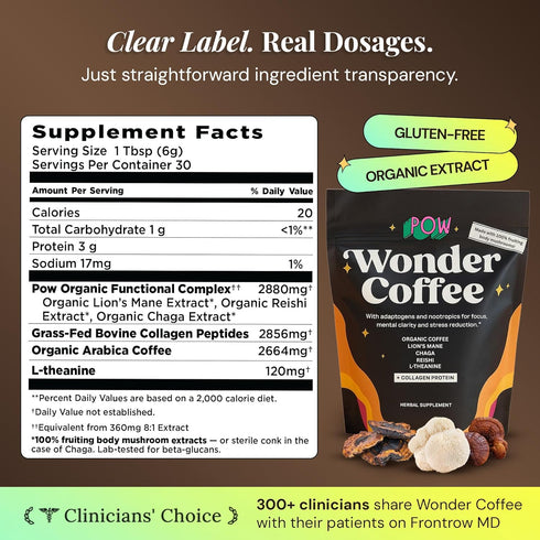(50 28 POW Wonder Coffee Premium Adaptogenic Mushroom Coffee for Focus & Calm Energy with Lions Mane, Chaga, Reishi