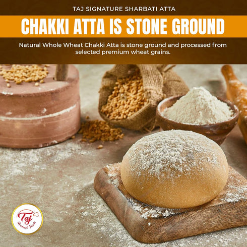 TAJ Gourmet Foods 4lbs 100% TAJ Signature Sharbati Atta, (Chakki Atta - Stone Ground) Whole Wheat Flour, Chappati Flour