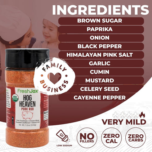 FreshJax Organic Hog Heaven Pork Rub, 5.1 oz Bottle | Non GMO, Gluten Free, Keto, Paleo, No Preservatives