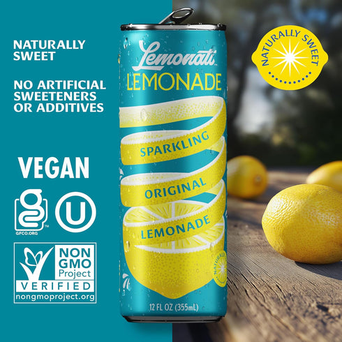 12 Oz Pack 24, Lemonati Sparkling Lemonade, No Artificial Sweeteners or Flavoring, Gluten-Free, Kosher, Non-GMO, Vegan