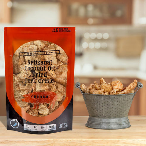 8 oz Pack 1) Ol' Uncle Porkers Keto-Friendly Pork Rinds Fried in Coconut Oil, Bags, (Cinnamon Churro Flavor