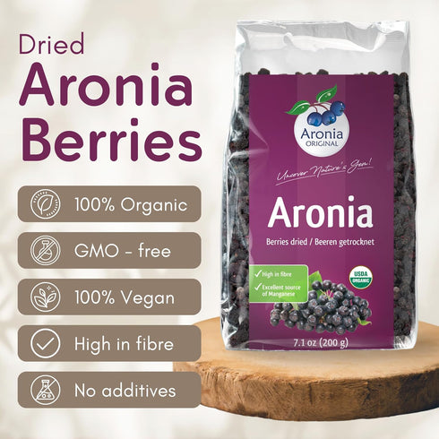7.1 oz (200 Organic Dried Aronia Berries g) No Sugar Added | Vegan, Non-GMO, Gently Dried Black Chokeberries | High