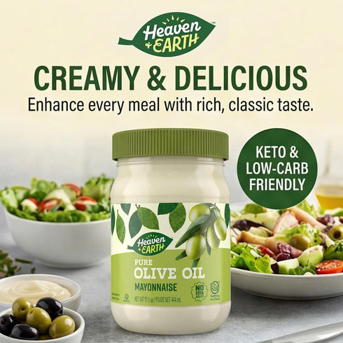 15 oz 0g 0g Heaven & Earth Pure Olive Oil Mayonnaise, | Keto Friendly, Net Carbs, Sugar | No Canola Oil, No Soy Oil |