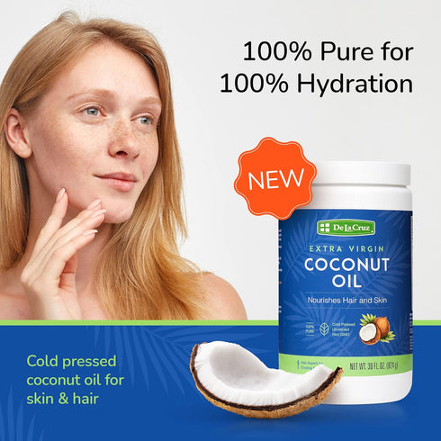 100% 30 OZ De La Cruz Extra Virgin Coconut Oil - Pure for Skin and Hair - Cooking - Multipurpose, Unrefined and Cold