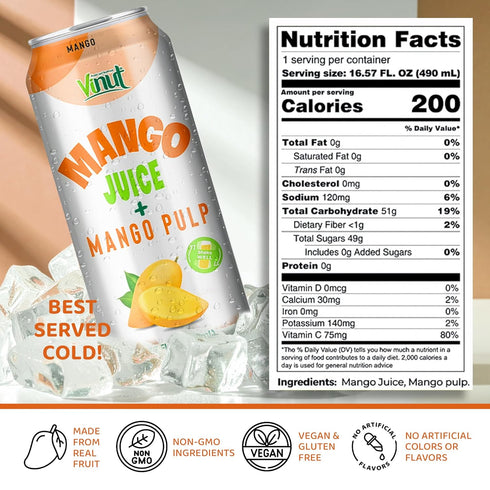 100% (16.57 oz, Pack 12), Vinut Mango Juice with Pulp fl of No Sugar Added, All Nature Mango Juice, Not From