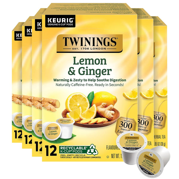 Twinings Lemon & Ginger Herbal Tea 72 K-Cup Pods for Keurig, 12
