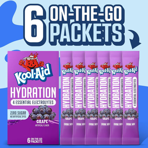 6 On-the-Go-Packets, 1.32 oz Kool-Aid Hydration Electrolyte Powder Drink Mix, for Easy and Flavorful Hydration, Grape