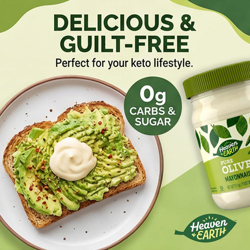 15 oz (2 Pack) 0g 0g Heaven & Earth Pure Olive Oil Mayonnaise, | Keto Friendly | Net Carbs, Sugar | No Canola Oil, No