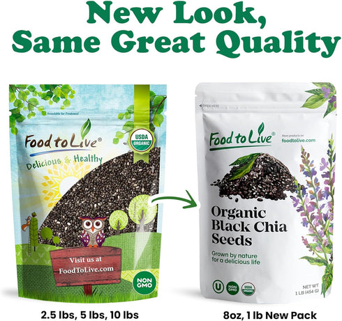 Food to Live Organic Black Chia Seeds, 8 Ounces, Non-GMO, Vegan, Kosher, Keto, Bulk, Rich in Fiber & Protein