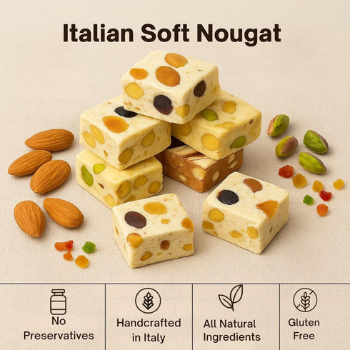 11 (7oz, Pack 1) ANDY ANAND CHOCOLATIER Italian Nougat Candy Pcs of Assorted Soft Torrone with Almonds, Pistachios