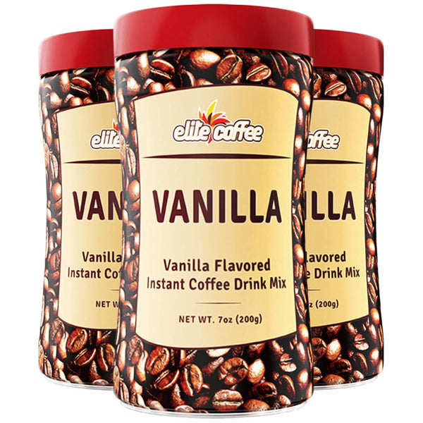 Elite Instant Coffee Vanilla Flavored Drink Mix 7oz (3 Pack) Gluten Free,