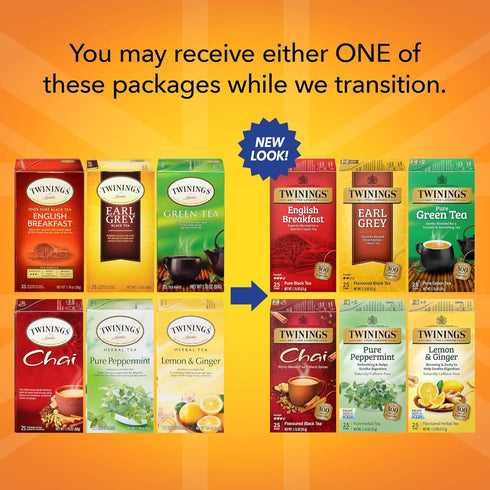 Pack 25 Count (Pack 6) 150 Twinings Variety Tea Bags, of Includes English Breakfast, Earl Grey, Lemon Ginger
