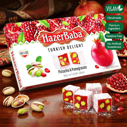16oz (Pack 1), Hazer Baba Turkish Delight Pistachio Candy, Pomegranate Flavored, of Gourmet Snack Box, Traditional