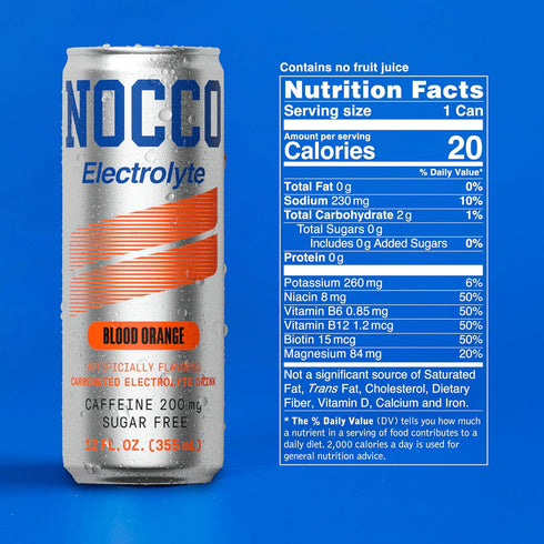 12 Oz (Pack 12) 200mg NOCCO Zero Sugar Electrolyte Drink, Blood Orange - Fl of - Caffeine, Sugar Free