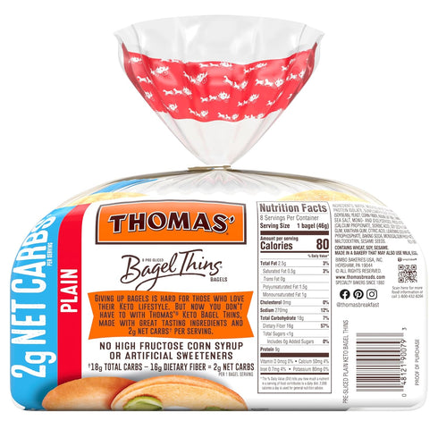 THOMAS' 8 count, (1.63 oz 13 oz Keto Plain Bagel Thins, each), Bagels, Bag