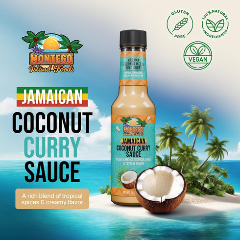5 oz Montego Island Foods Jamaican Coconut Curry Sauce New Enhanced Recipe with Real Coconut Cream, Fresh Lime Juice