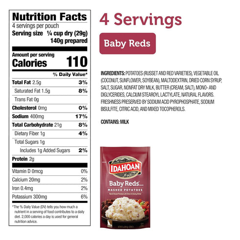 100% 4 4.1 (Pack 10) Idahoan Baby Reds Mashed Potatoes, Naturally Gluten-Free, Real Idaho Potatoes, servings per bag