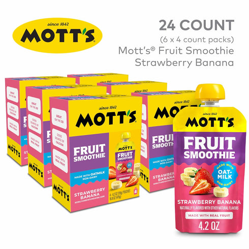4.2 oz 24 Count (6 Packs 4), Motts Fruit Smoothies Strawberry Banana, Clear Pouches, of Non-dairy, Made With Oatmilk