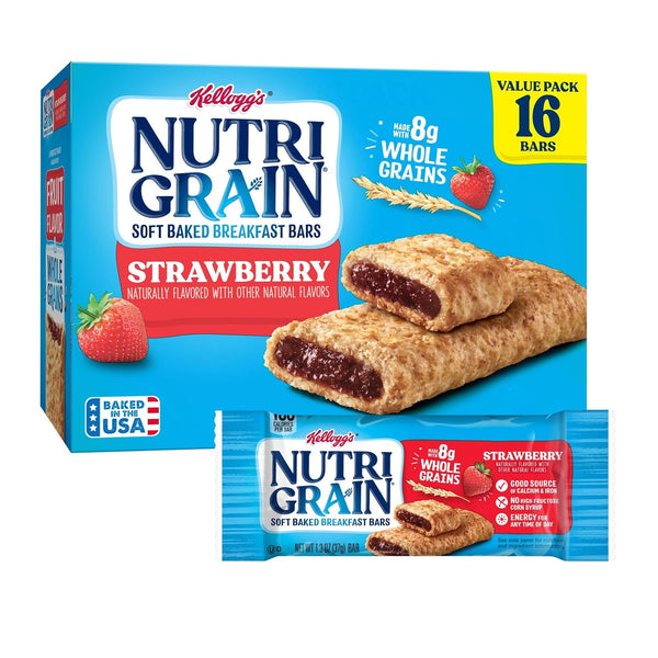 Nutri-Grain Soft Baked Breakfast Bars, Whole Grains, Kids Snacks, Value Pack, Strawberry, 20.8oz (16 Bars)