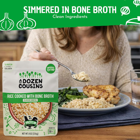 Dozen 6pk, 8oz Packets A Cousins Bone Broth Rice Variety Ready to Eat Seasoned High Protein Rice, Clean Ingredients