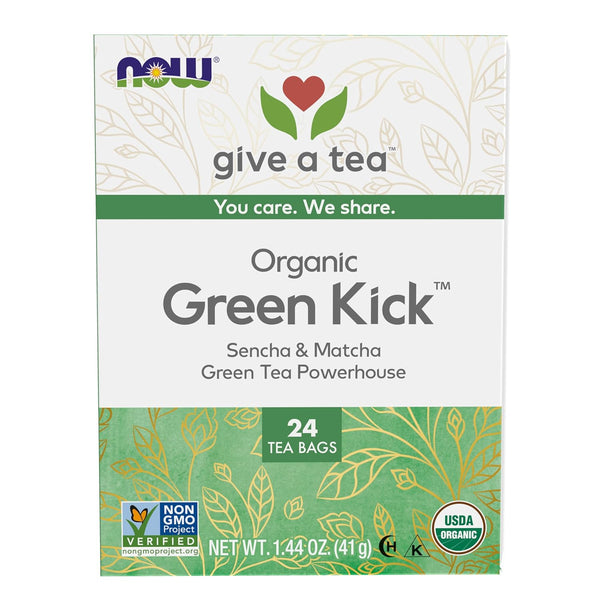 NOW Foods, Certified Organic Green Kick Tea, with Polyphenols, Premium Unbleached Tea