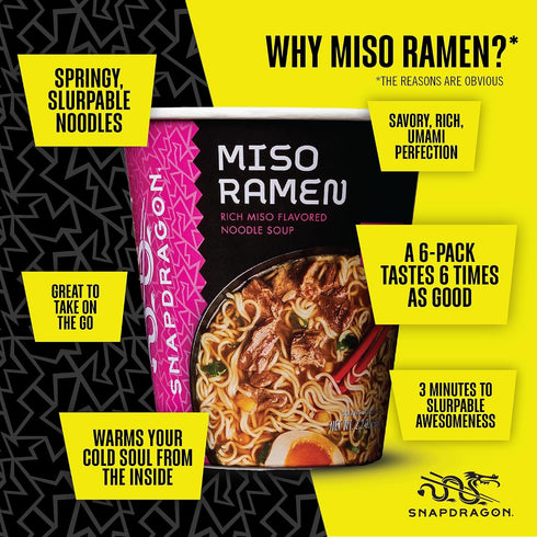 6 Pack Pack Snapdragon Miso Ramen Cup Noodles - Instant Ramen Bowl with Authentic Wheat Noodles, Soup Sauce Base, Vege