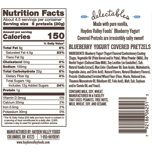 5 oz Hayden Valley Foods Blueberry Yogurt Flavored Covered Pretzels | Resealable Bag | Gourmet Flavored Blue Pretzels