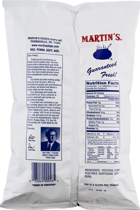 Martin's Potato Chips 8 (3 Martin's Kettle-Cook'd No Salt Added Potato Chips Ounces Bags)