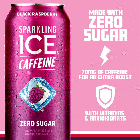 Vitamins,4/16oz Sparkling Ice Caffeine, Black Raspberry Sparkling Water with Caffeine, Zero Sugar, with Antioxidants